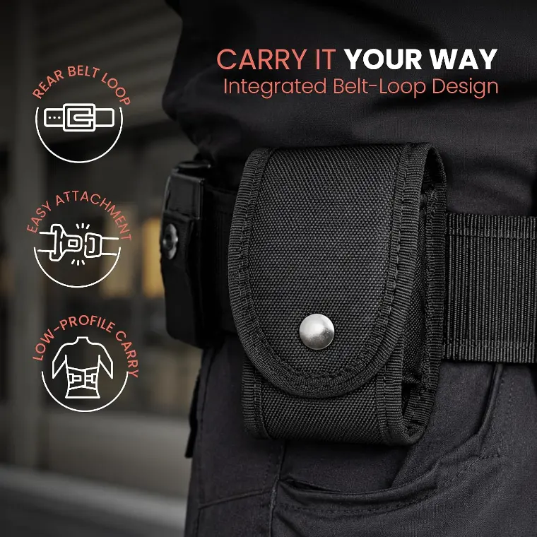 Nylon Handcuff Case — Metal Snap Closure — On a duty belt, flat against the body.