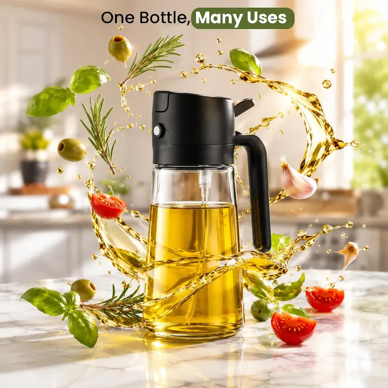 16oz/470ml Olive Oil Sprayer Dispenser Bottle for Cooking, 2 in 1 (Pack of 2) — 470ml of capacity — one bottle covers weeks of everyday cooking.