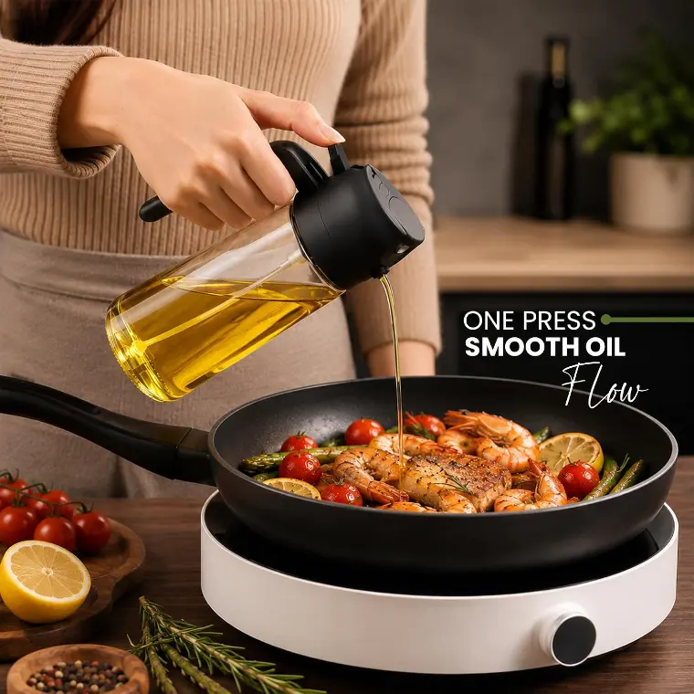 16oz/470ml Olive Oil Sprayer Dispenser Bottle for Cooking, 2 in 1 (Pack of 2) — Pour mode — a controlled stream straight into the pan.